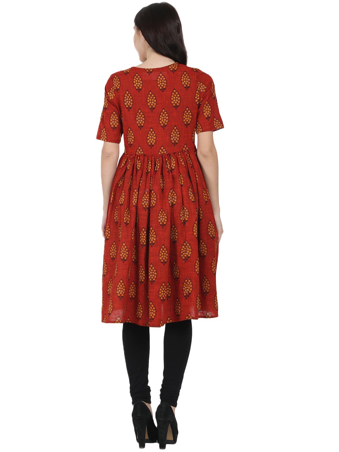 Red Printed Half Sleeve Cotton Slub Anarkali Kurta | LASVINI - Redefining Indian Fashion with Elegance