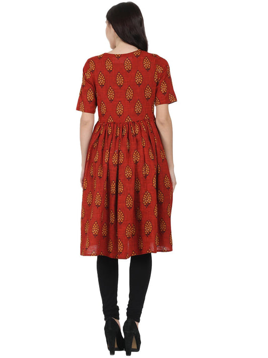 Red Printed Half Sleeve Cotton Slub Anarkali Kurta | LASVINI - Redefining Indian Fashion with Elegance