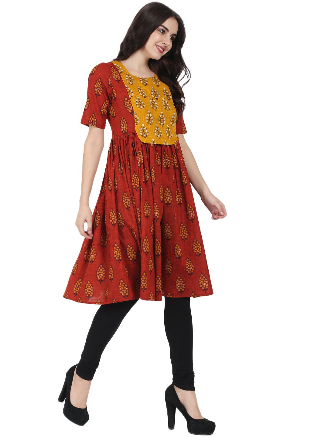 Red Printed Half Sleeve Cotton Slub Anarkali Kurta | LASVINI - Redefining Indian Fashion with Elegance