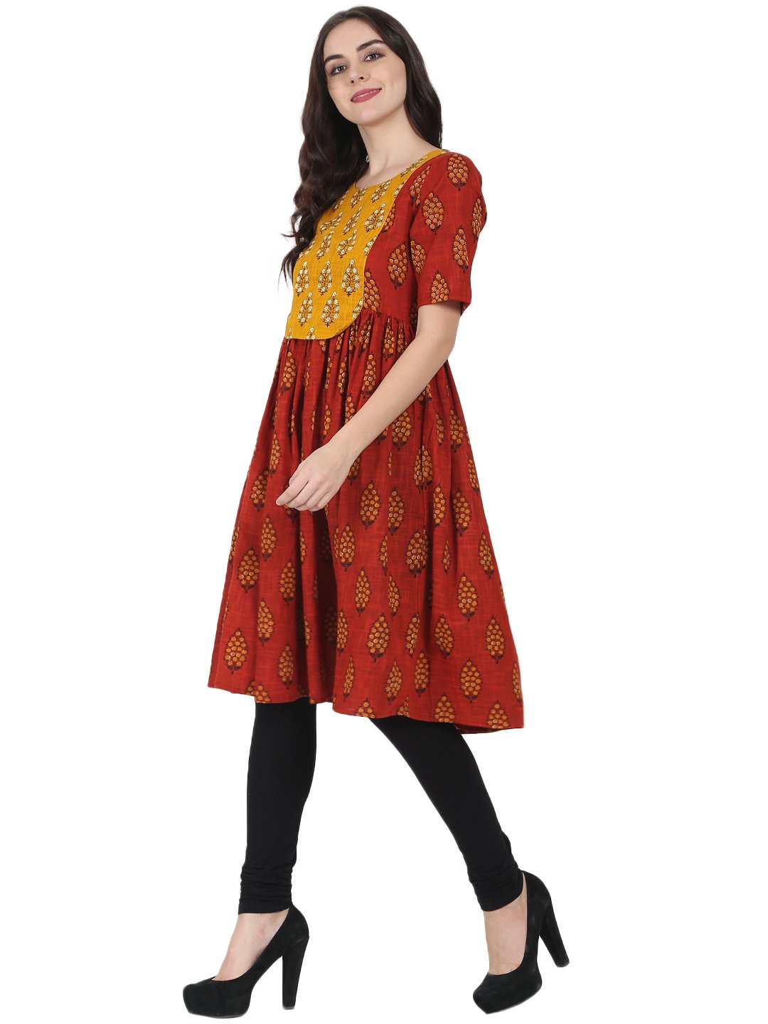 Red Printed Half Sleeve Cotton Slub Anarkali Kurta | LASVINI - Redefining Indian Fashion with Elegance