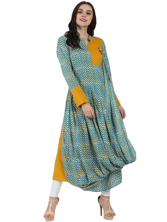 Yellow & Blue Printed Full Sleeve Cotton Anarkali Kurta | LASVINI - Redefining Indian Fashion with Elegance