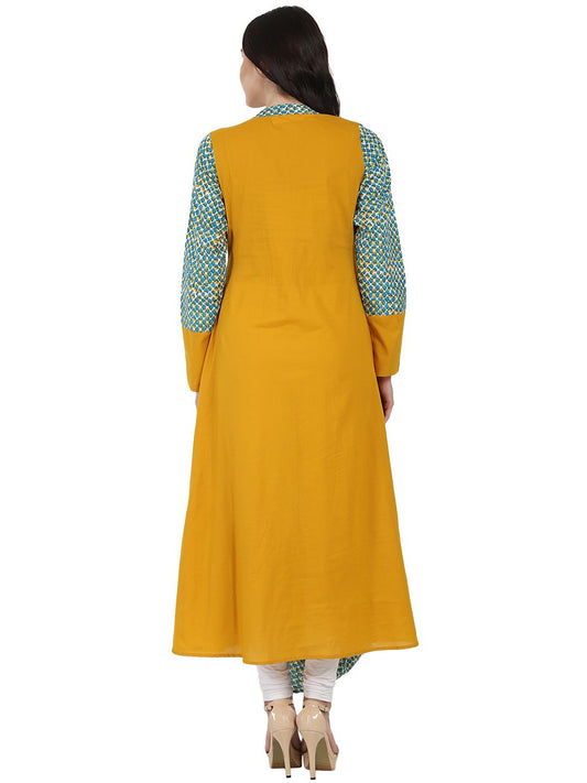 Yellow & Blue Printed Full Sleeve Cotton Anarkali Kurta | LASVINI - Redefining Indian Fashion with Elegance