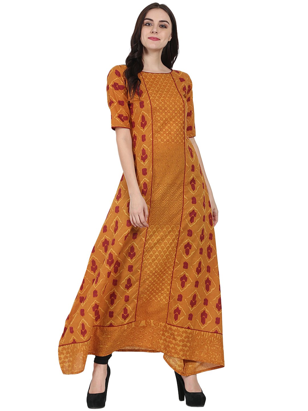 Mustard Printed Half Sleeve Floor Length A-Line Kurta | LASVINI - Redefining Indian Fashion with Elegance