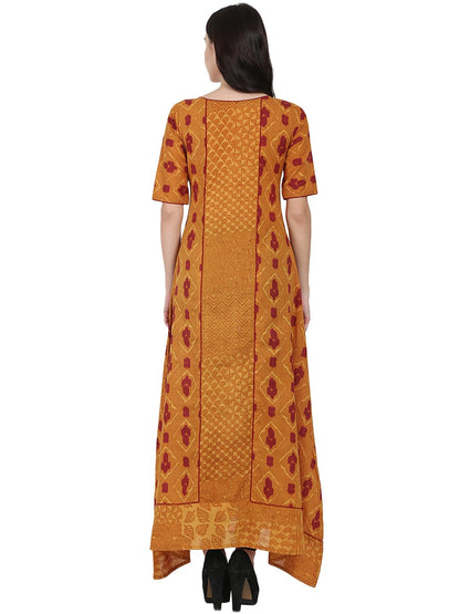 Mustard Printed Half Sleeve Floor Length A-Line Kurta | LASVINI - Redefining Indian Fashion with Elegance