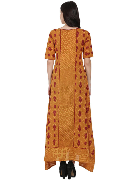 Mustard Printed Half Sleeve Floor Length A-Line Kurta | LASVINI - Redefining Indian Fashion with Elegance