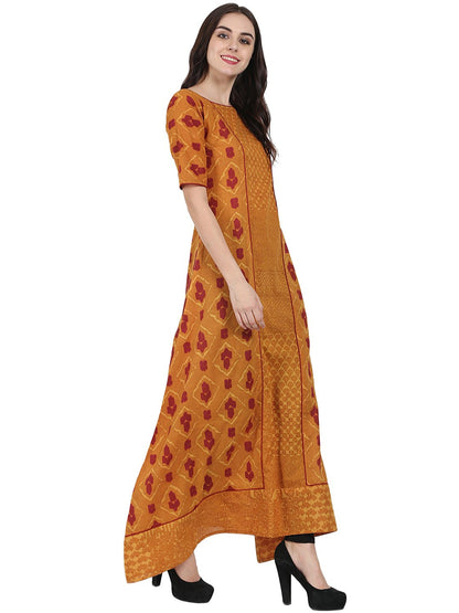 Mustard Printed Half Sleeve Floor Length A-Line Kurta | LASVINI - Redefining Indian Fashion with Elegance