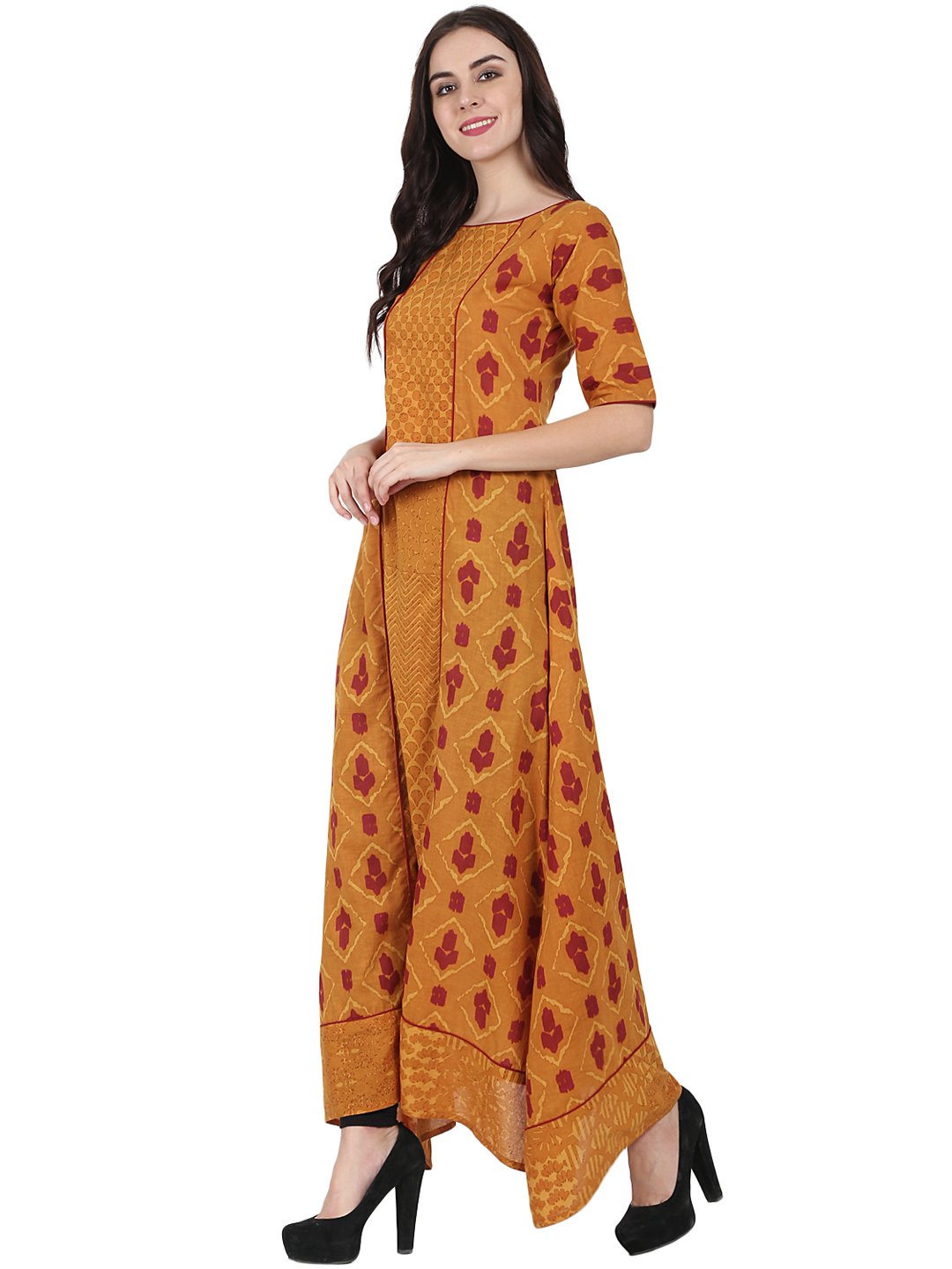 Mustard Printed Half Sleeve Floor Length A-Line Kurta | LASVINI - Redefining Indian Fashion with Elegance