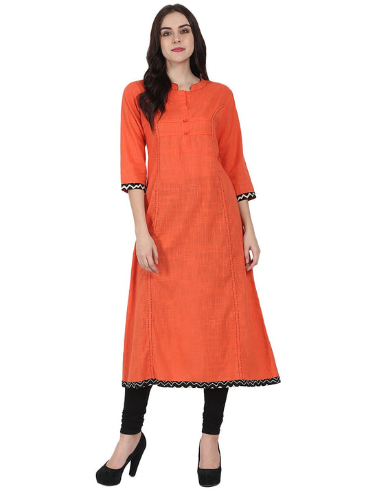 Orange 3/4Th Sleeve Cotton Slub A-Line Kurta | LASVINI - Redefining Indian Fashion with Elegance