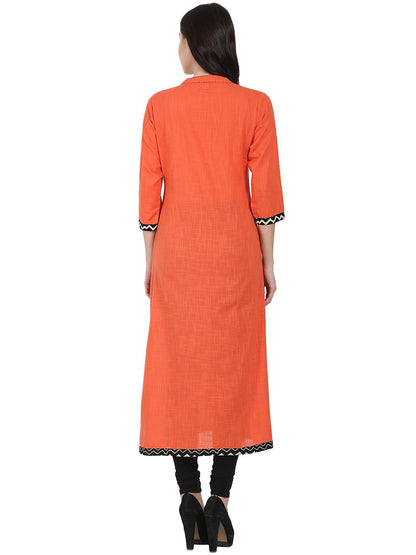 Orange 3/4Th Sleeve Cotton Slub A-Line Kurta | LASVINI - Redefining Indian Fashion with Elegance