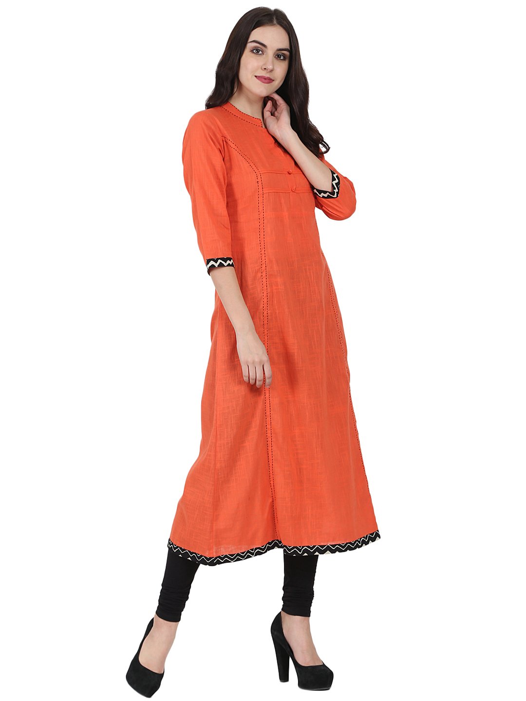 Orange 3/4Th Sleeve Cotton Slub A-Line Kurta | LASVINI - Redefining Indian Fashion with Elegance