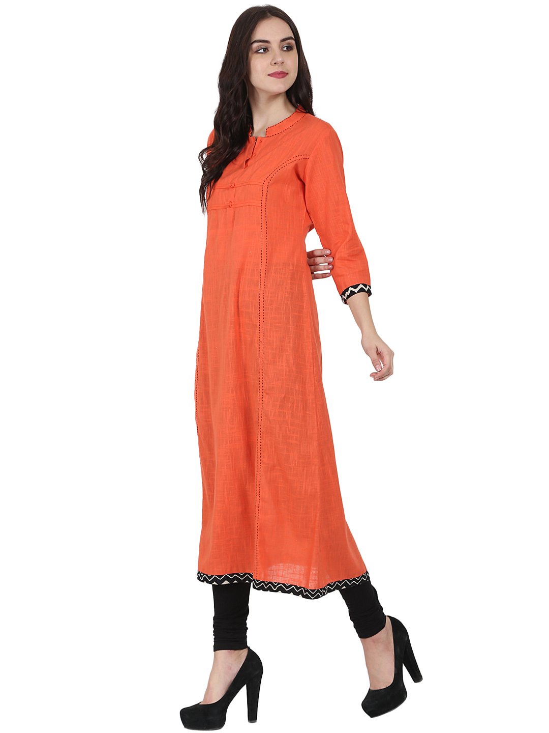 Orange 3/4Th Sleeve Cotton Slub A-Line Kurta | LASVINI - Redefining Indian Fashion with Elegance