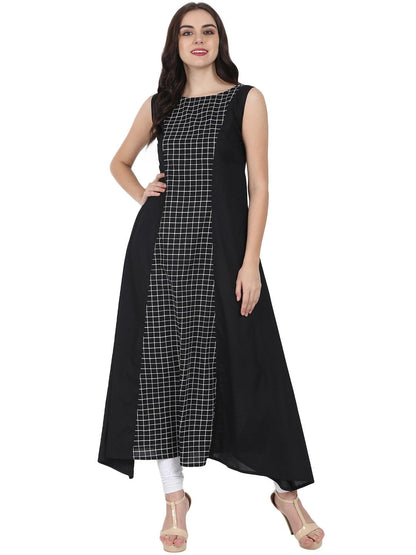 Black Printed Sleeveless Cotton Floor Length A-Line Kurta | LASVINI - Redefining Indian Fashion with Elegance