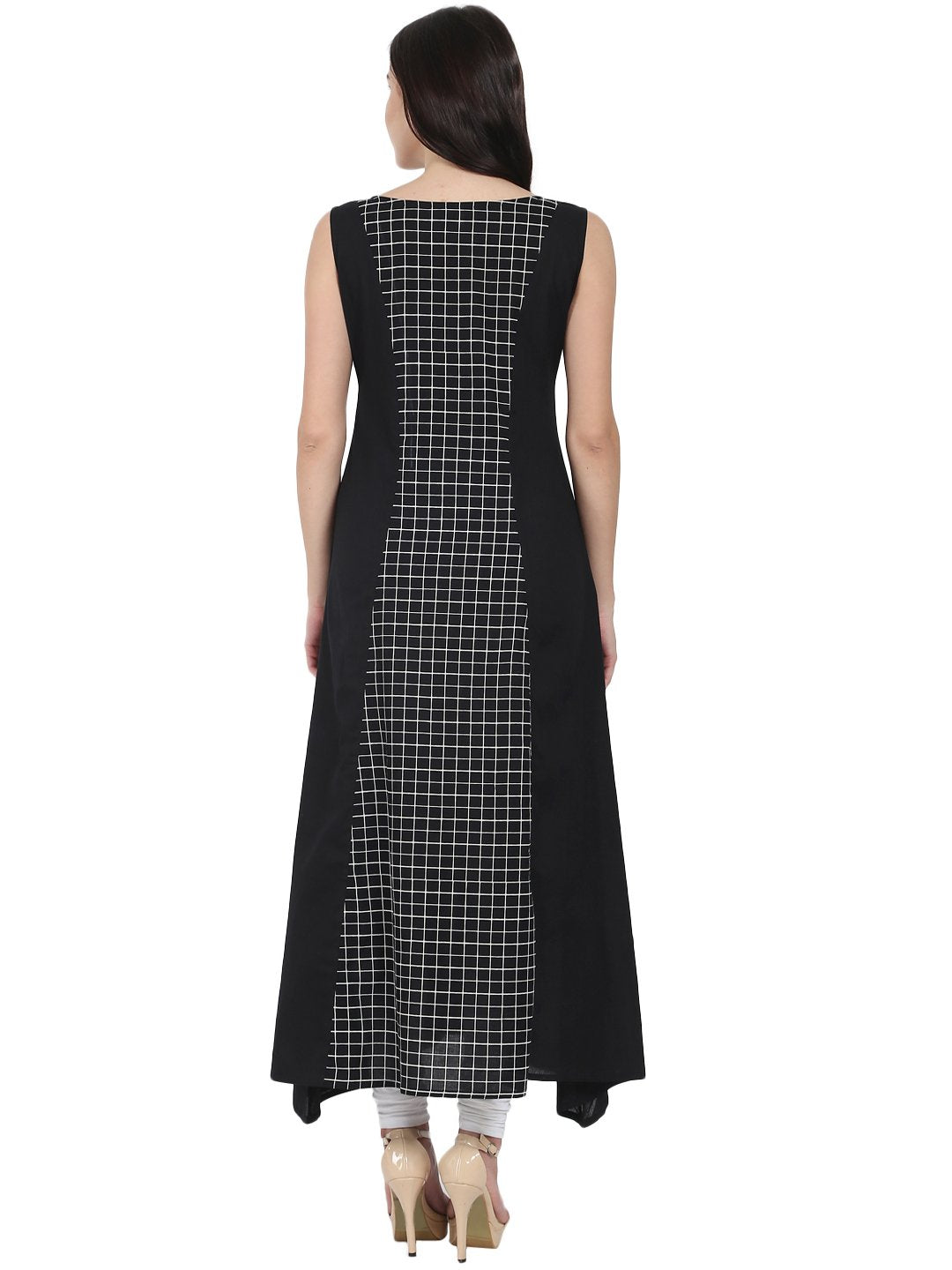 Black Printed Sleeveless Cotton Floor Length A-Line Kurta | LASVINI - Redefining Indian Fashion with Elegance