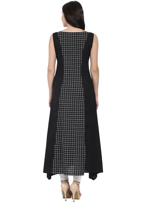 Black Printed Sleeveless Cotton Floor Length A-Line Kurta | LASVINI - Redefining Indian Fashion with Elegance