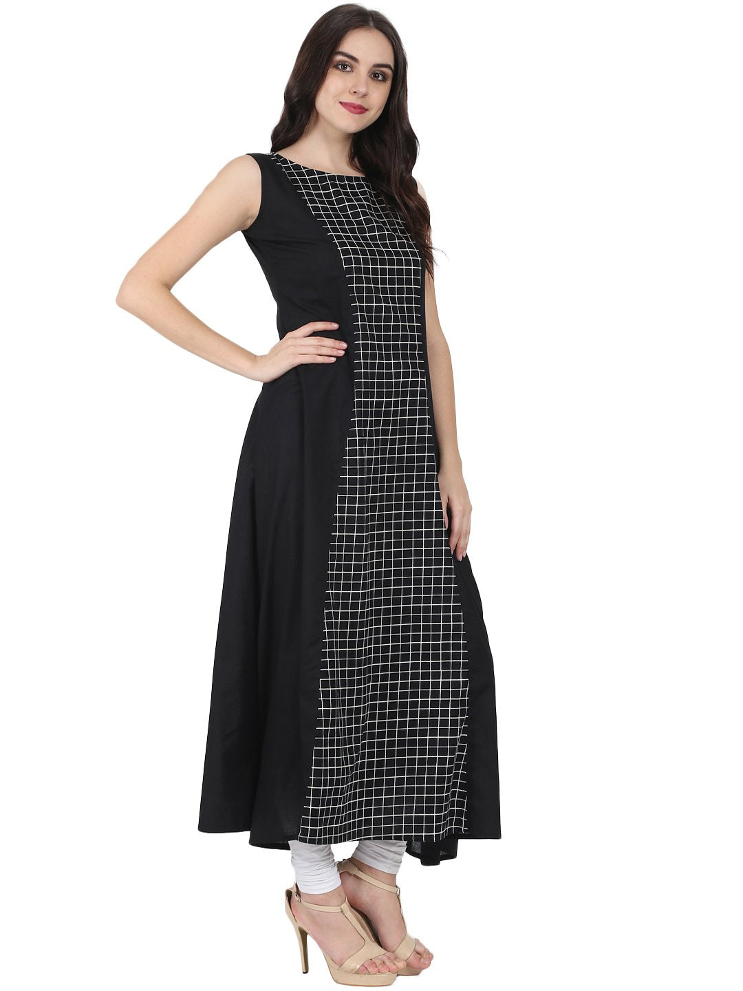 Black Printed Sleeveless Cotton Floor Length A-Line Kurta | LASVINI - Redefining Indian Fashion with Elegance