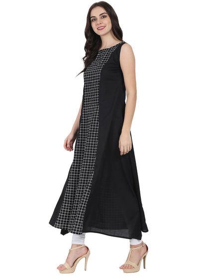 Black Printed Sleeveless Cotton Floor Length A-Line Kurta | LASVINI - Redefining Indian Fashion with Elegance