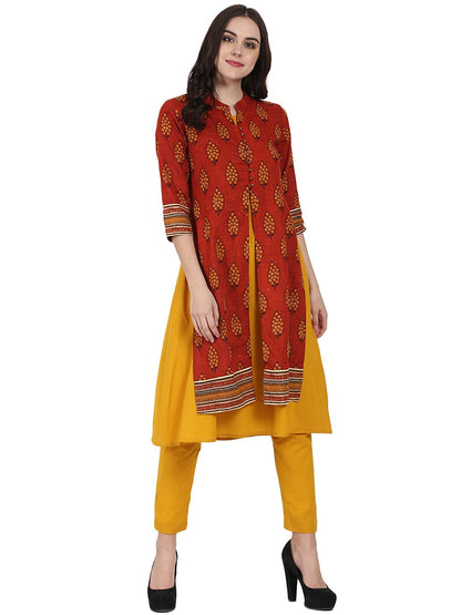 Red & Yellow Printed 3/4Th Sleeve Cotton Double Layer A-Line Kurta With Yellow Ankle Length Palazzo | LASVINI - Redefining Indian Fashion with Elegance