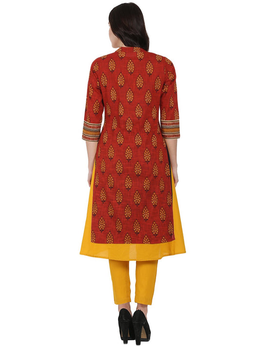 Red & Yellow Printed 3/4Th Sleeve Cotton Double Layer A-Line Kurta With Yellow Ankle Length Palazzo | LASVINI - Redefining Indian Fashion with Elegance
