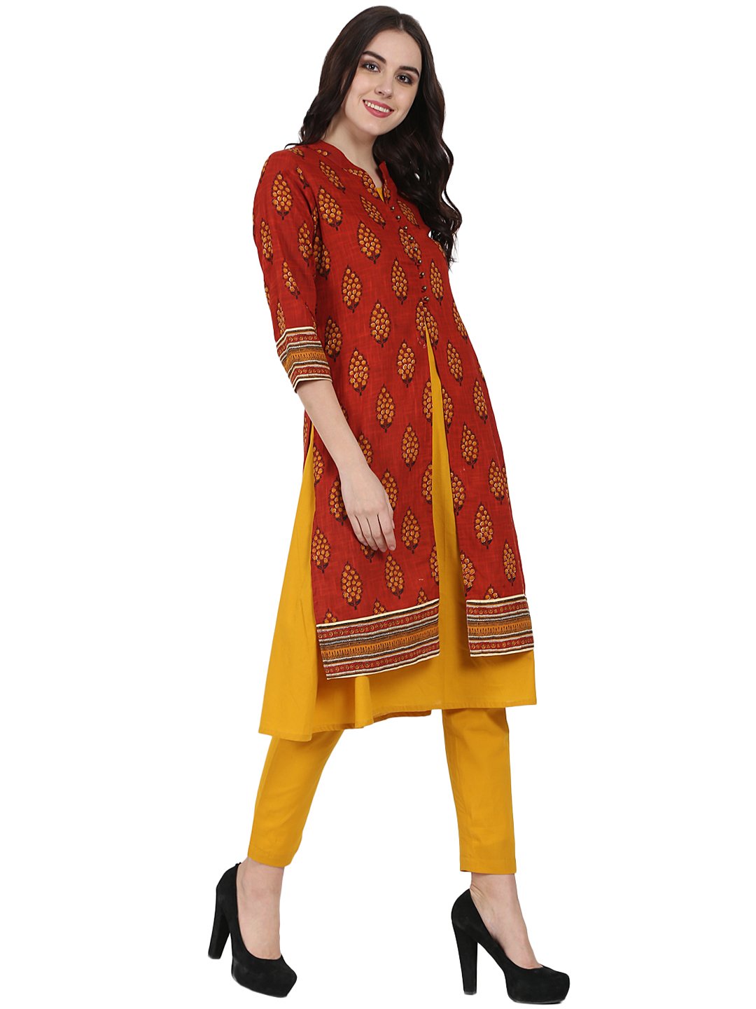 Red & Yellow Printed 3/4Th Sleeve Cotton Double Layer A-Line Kurta With Yellow Ankle Length Palazzo | LASVINI - Redefining Indian Fashion with Elegance