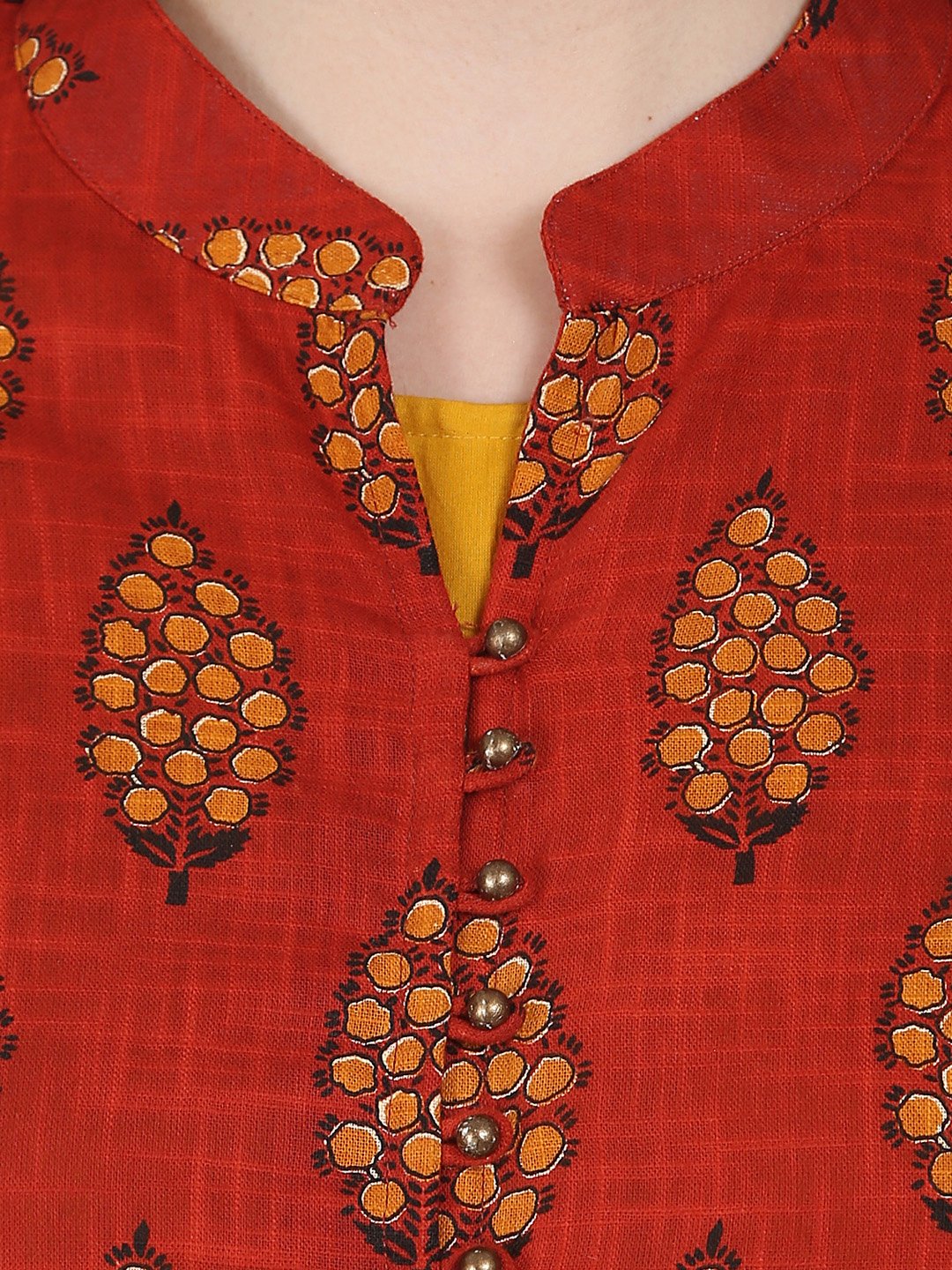 Red & Yellow Printed 3/4Th Sleeve Cotton Double Layer A-Line Kurta With Yellow Ankle Length Palazzo | LASVINI - Redefining Indian Fashion with Elegance