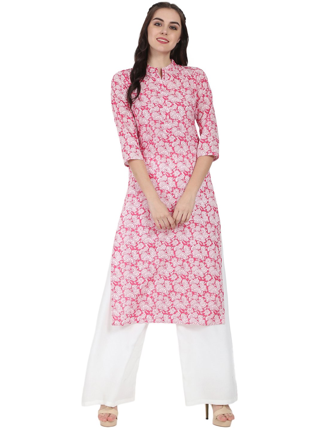 Pink Printed 3/4Th Sleeve Cotton Kurta | LASVINI - Redefining Indian Fashion with Elegance