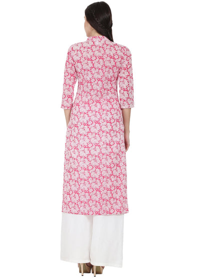 Pink Printed 3/4Th Sleeve Cotton Kurta | LASVINI - Redefining Indian Fashion with Elegance