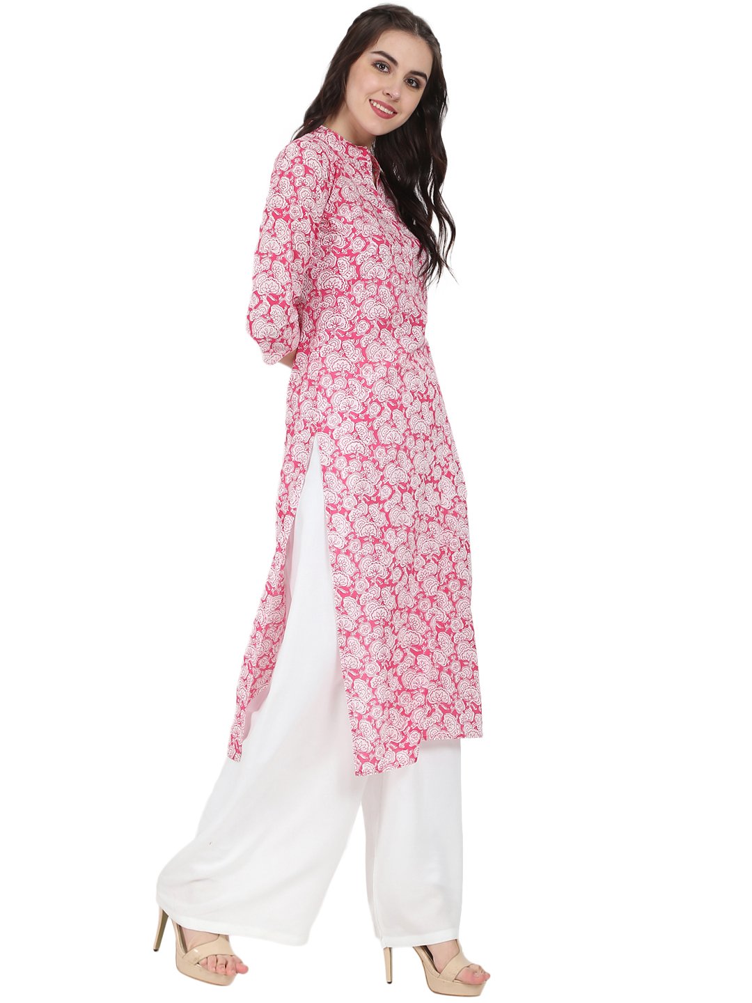 Pink Printed 3/4Th Sleeve Cotton Kurta | LASVINI - Redefining Indian Fashion with Elegance