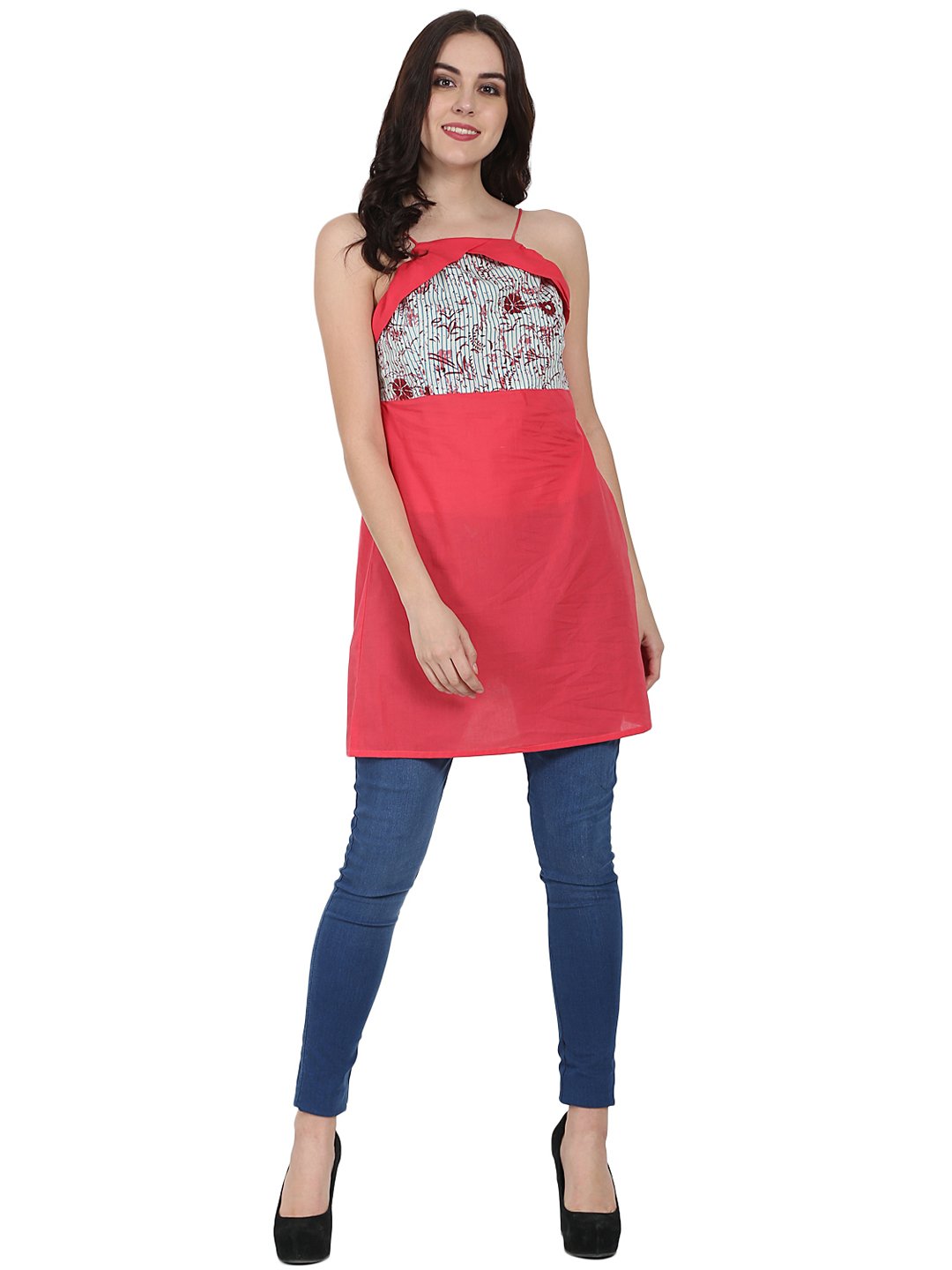 Pink Shoulder Strap Cotton Yoke Printed Tunic | LASVINI - Redefining Indian Fashion with Elegance