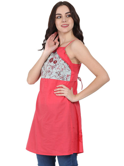 Pink Shoulder Strap Cotton Yoke Printed Tunic | LASVINI - Redefining Indian Fashion with Elegance