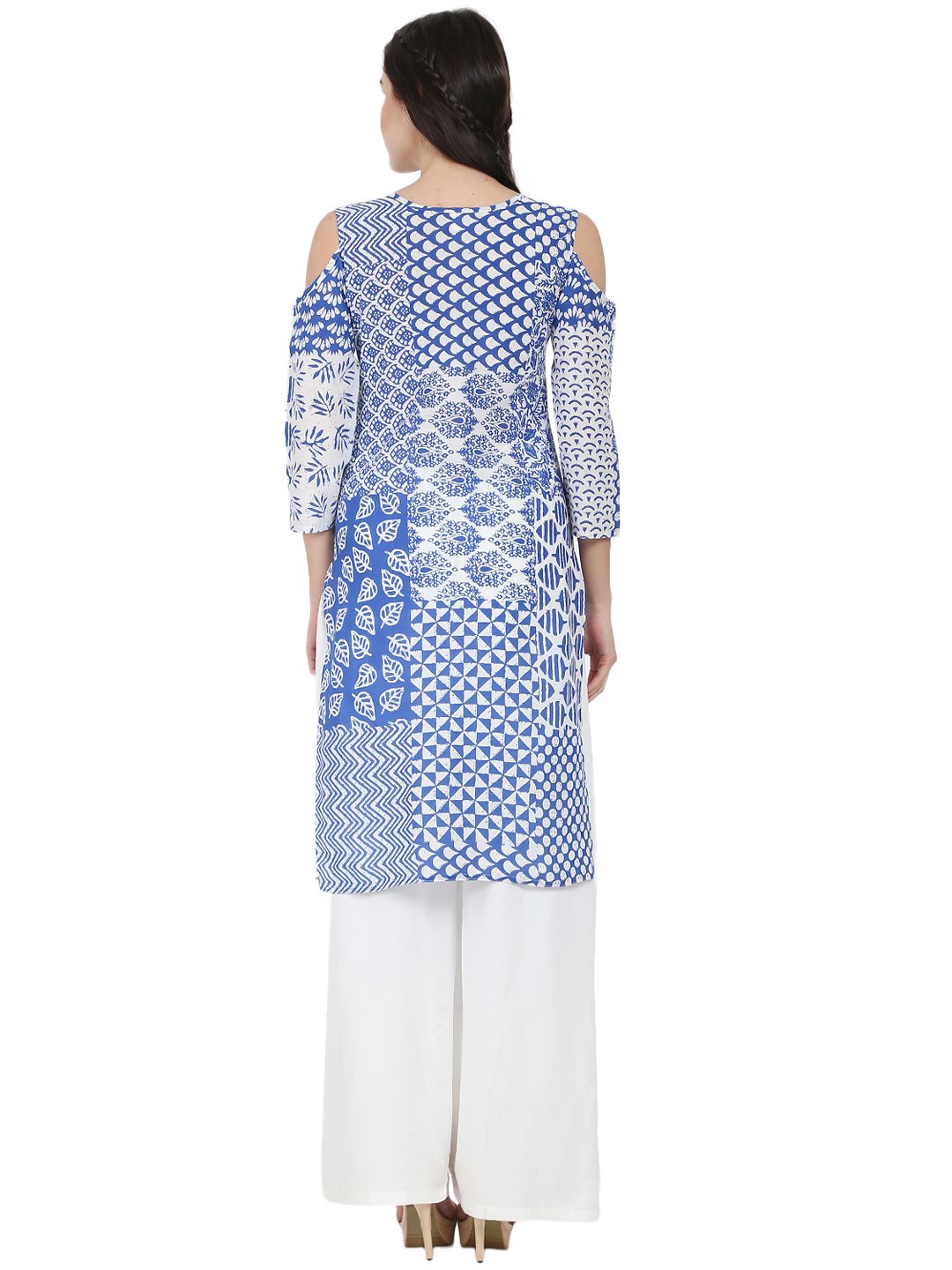 Blue Printed 3/4Th Sleeve Cold Shoulder Cotton Kurta | LASVINI - Redefining Indian Fashion with Elegance
