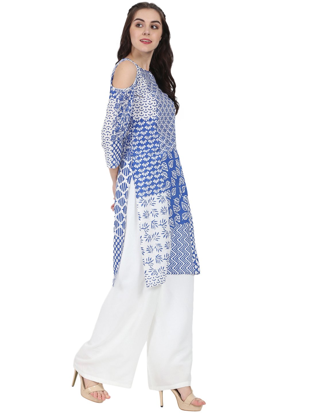 Blue Printed 3/4Th Sleeve Cold Shoulder Cotton Kurta | LASVINI - Redefining Indian Fashion with Elegance