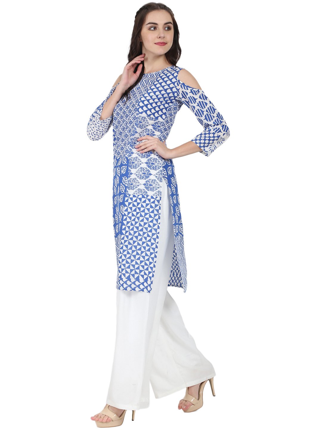 Blue Printed 3/4Th Sleeve Cold Shoulder Cotton Kurta | LASVINI - Redefining Indian Fashion with Elegance