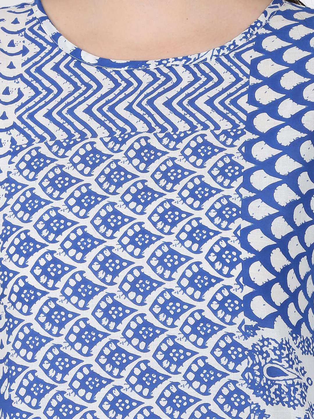 Blue Printed 3/4Th Sleeve Cold Shoulder Cotton Kurta | LASVINI - Redefining Indian Fashion with Elegance