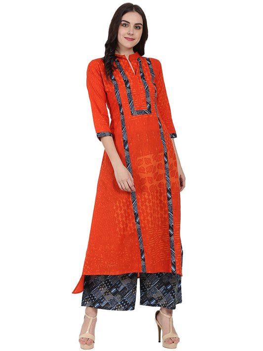 Orange 3/4Th Sleeve Cotton A-Line Kurta With Grey Printed Ankle Length Kurta | LASVINI - Redefining Indian Fashion with Elegance