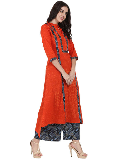 Orange 3/4Th Sleeve Cotton A-Line Kurta With Grey Printed Ankle Length Kurta | LASVINI - Redefining Indian Fashion with Elegance