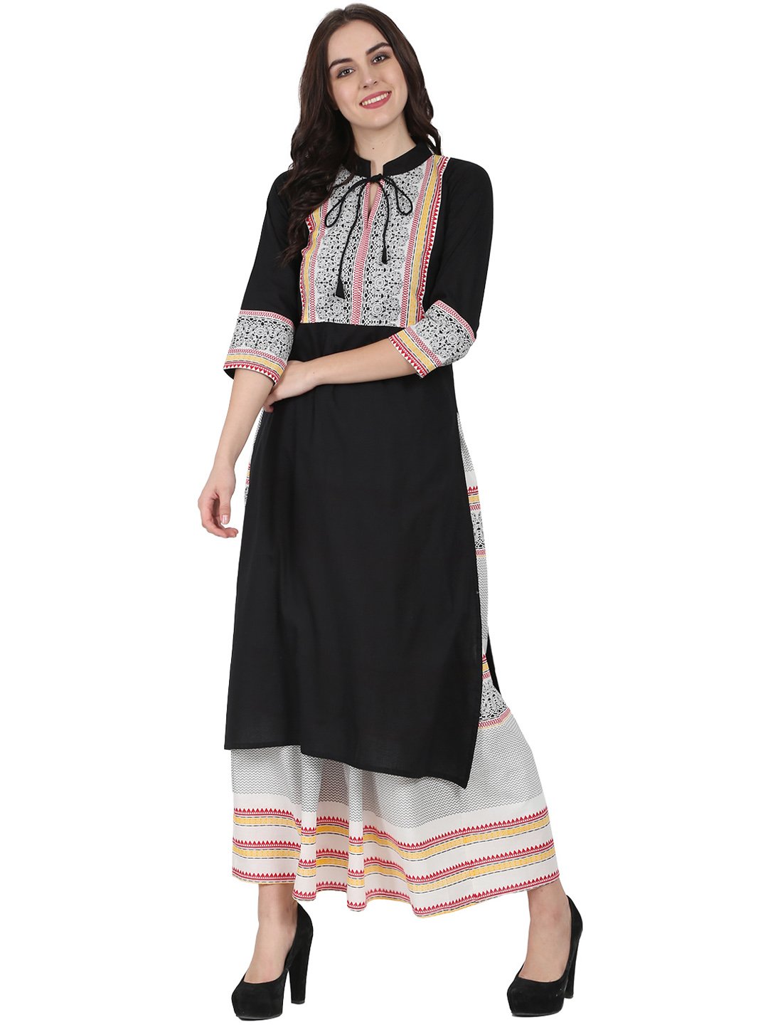 Black 3/4Th Sleeve Cotton Kurta With Off White Printed Ankle Length Flared Skirt | LASVINI - Redefining Indian Fashion with Elegance