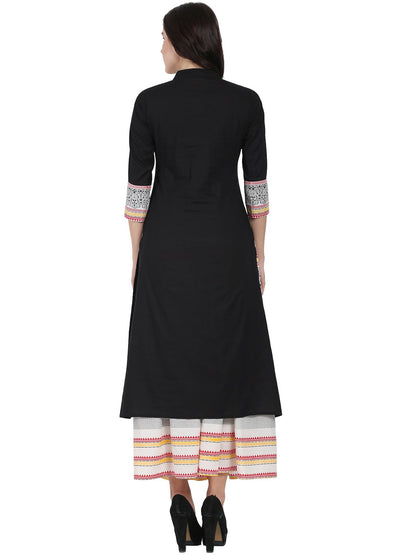 Black 3/4Th Sleeve Cotton Kurta With Off White Printed Ankle Length Flared Skirt | LASVINI - Redefining Indian Fashion with Elegance