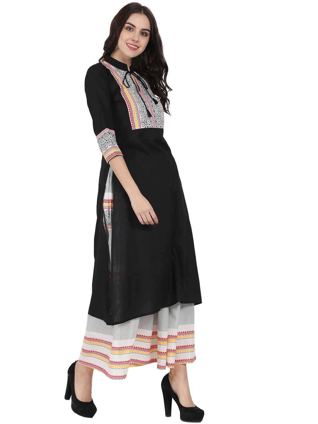 Black 3/4Th Sleeve Cotton Kurta With Off White Printed Ankle Length Flared Skirt | LASVINI - Redefining Indian Fashion with Elegance