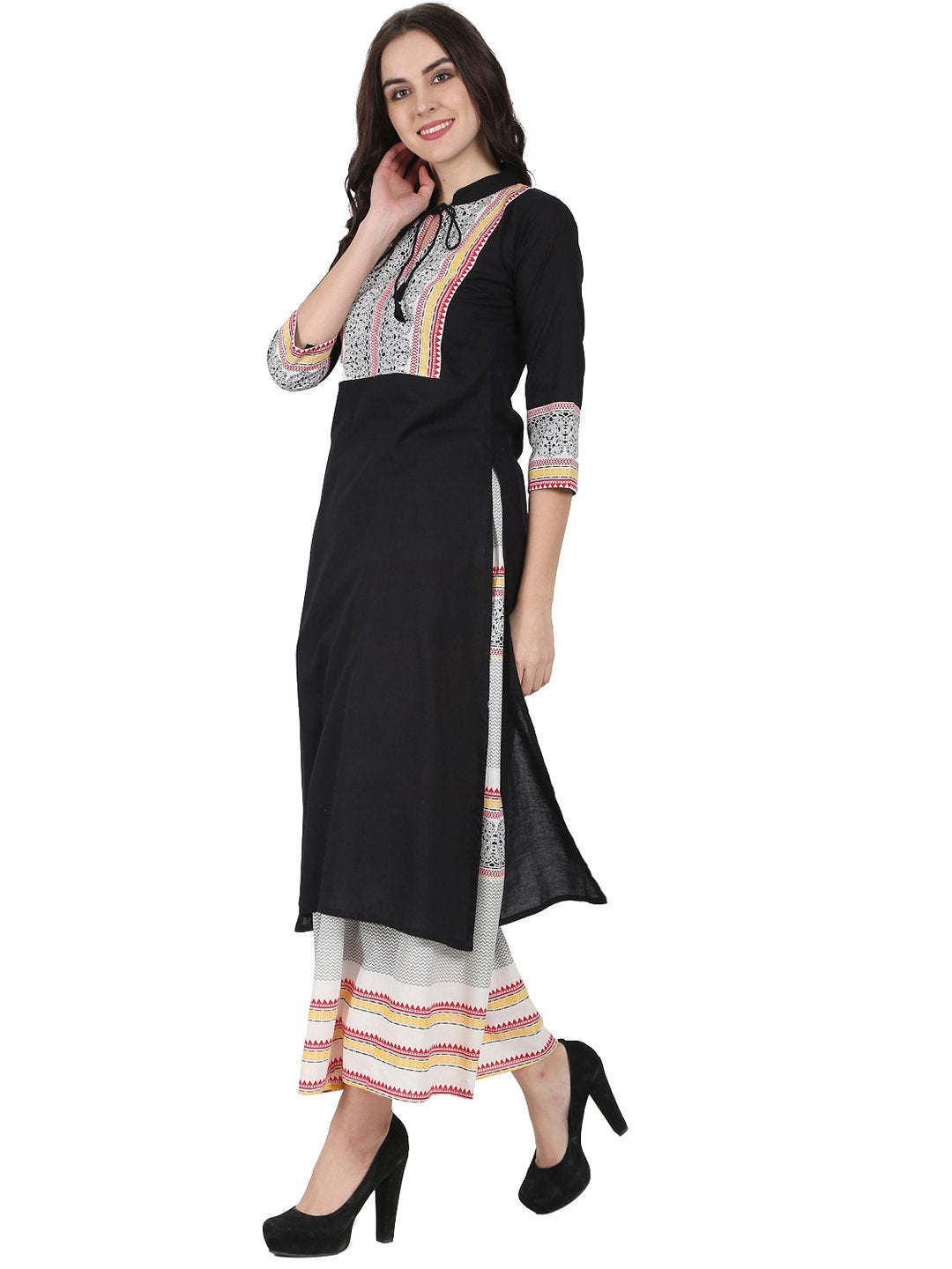Black 3/4Th Sleeve Cotton Kurta With Off White Printed Ankle Length Flared Skirt | LASVINI - Redefining Indian Fashion with Elegance