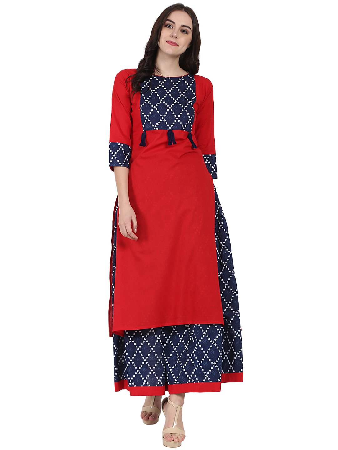 Red Printed 3/4Th Sleeve Cotton Kurta With Blue Printed Skirt | LASVINI - Redefining Indian Fashion with Elegance