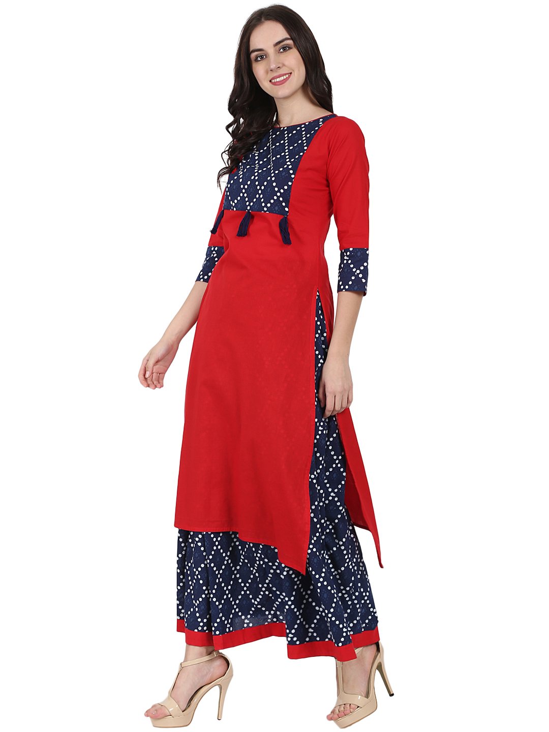 Red Printed 3/4Th Sleeve Cotton Kurta With Blue Printed Skirt | LASVINI - Redefining Indian Fashion with Elegance
