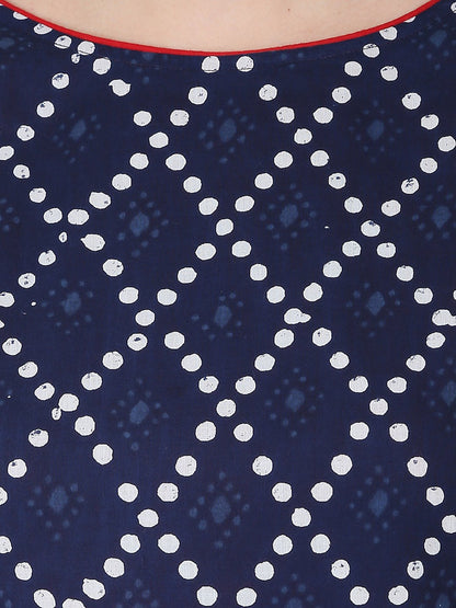 Red Printed 3/4Th Sleeve Cotton Kurta With Blue Printed Skirt | LASVINI - Redefining Indian Fashion with Elegance