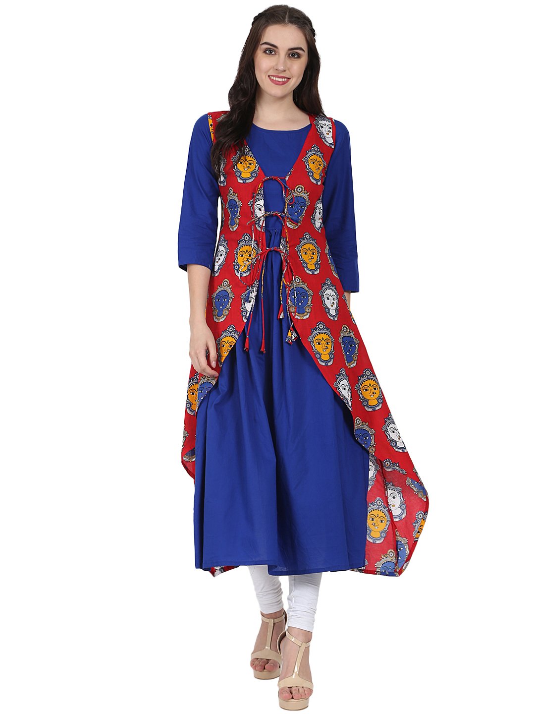 Blue 3/4Th Sleeve Cotton Anarkali Kurta With Red Printed Jacket | LASVINI - Redefining Indian Fashion with Elegance