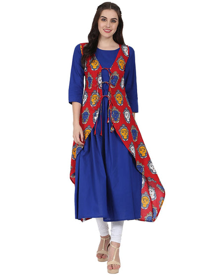Blue 3/4Th Sleeve Cotton Anarkali Kurta With Red Printed Jacket | LASVINI - Redefining Indian Fashion with Elegance