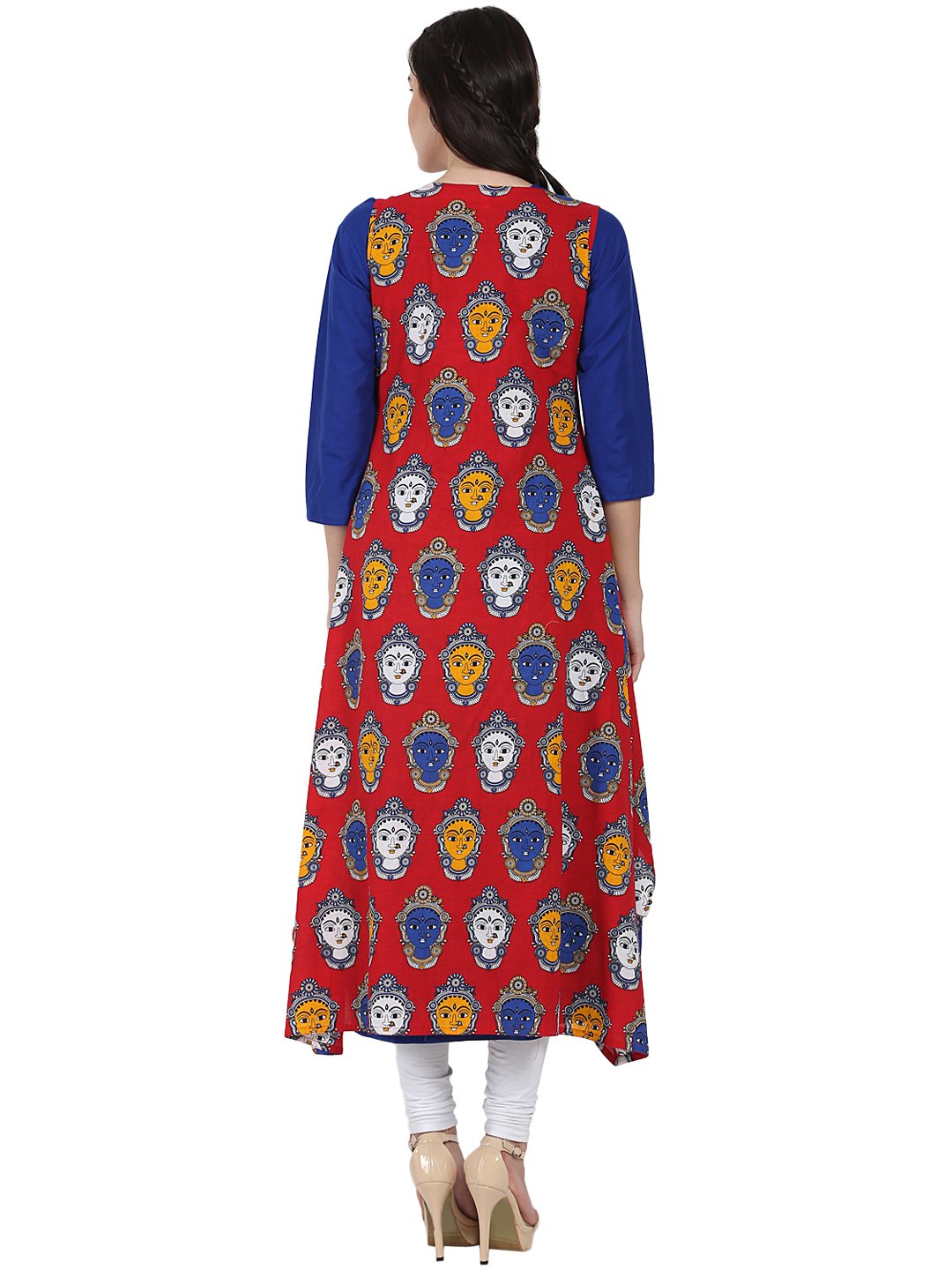Blue 3/4Th Sleeve Cotton Anarkali Kurta With Red Printed Jacket | LASVINI - Redefining Indian Fashion with Elegance
