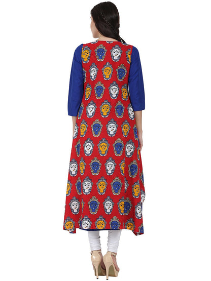 Blue 3/4Th Sleeve Cotton Anarkali Kurta With Red Printed Jacket | LASVINI - Redefining Indian Fashion with Elegance