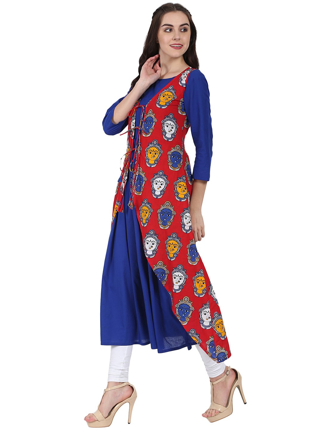 Blue 3/4Th Sleeve Cotton Anarkali Kurta With Red Printed Jacket | LASVINI - Redefining Indian Fashion with Elegance