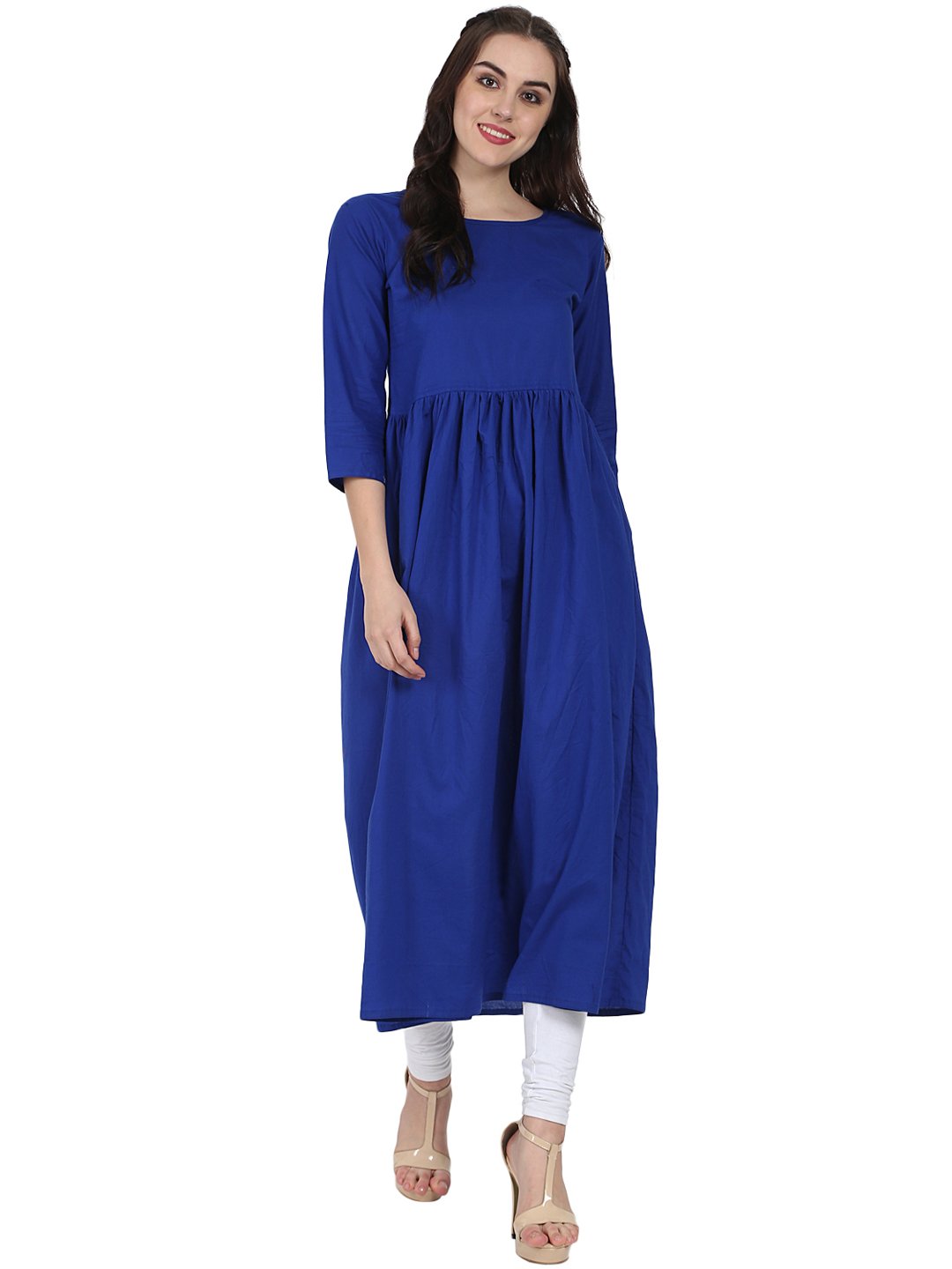 Blue 3/4Th Sleeve Cotton Anarkali Kurta With Red Printed Jacket | LASVINI - Redefining Indian Fashion with Elegance