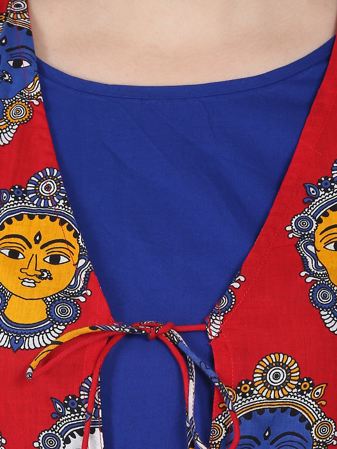 Blue 3/4Th Sleeve Cotton Anarkali Kurta With Red Printed Jacket | LASVINI - Redefining Indian Fashion with Elegance