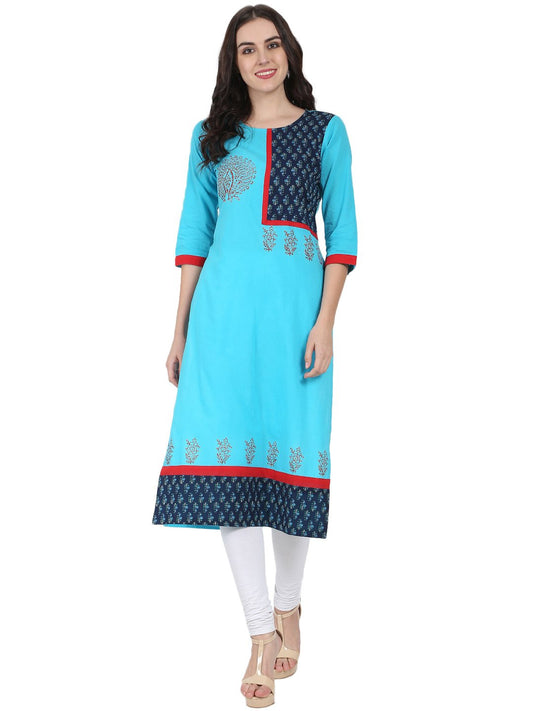 Blue 3/4Th Sleeve Block Printed A-Line Kurta | LASVINI - Redefining Indian Fashion with Elegance